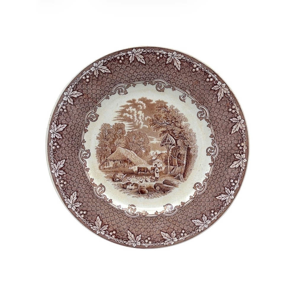 1883 Antique Old Hall Farm Plate Brown Transferware England Earthenware 9.25"